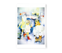 Открытка премиум, 100х150 мм. Щенок с детьми в дождливый день. Художественный музей Тихиро Ивасаки.